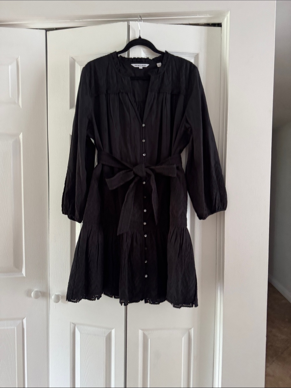 Veronica Beard Black Button-Front Tie-Waist Mini Dress size 16
